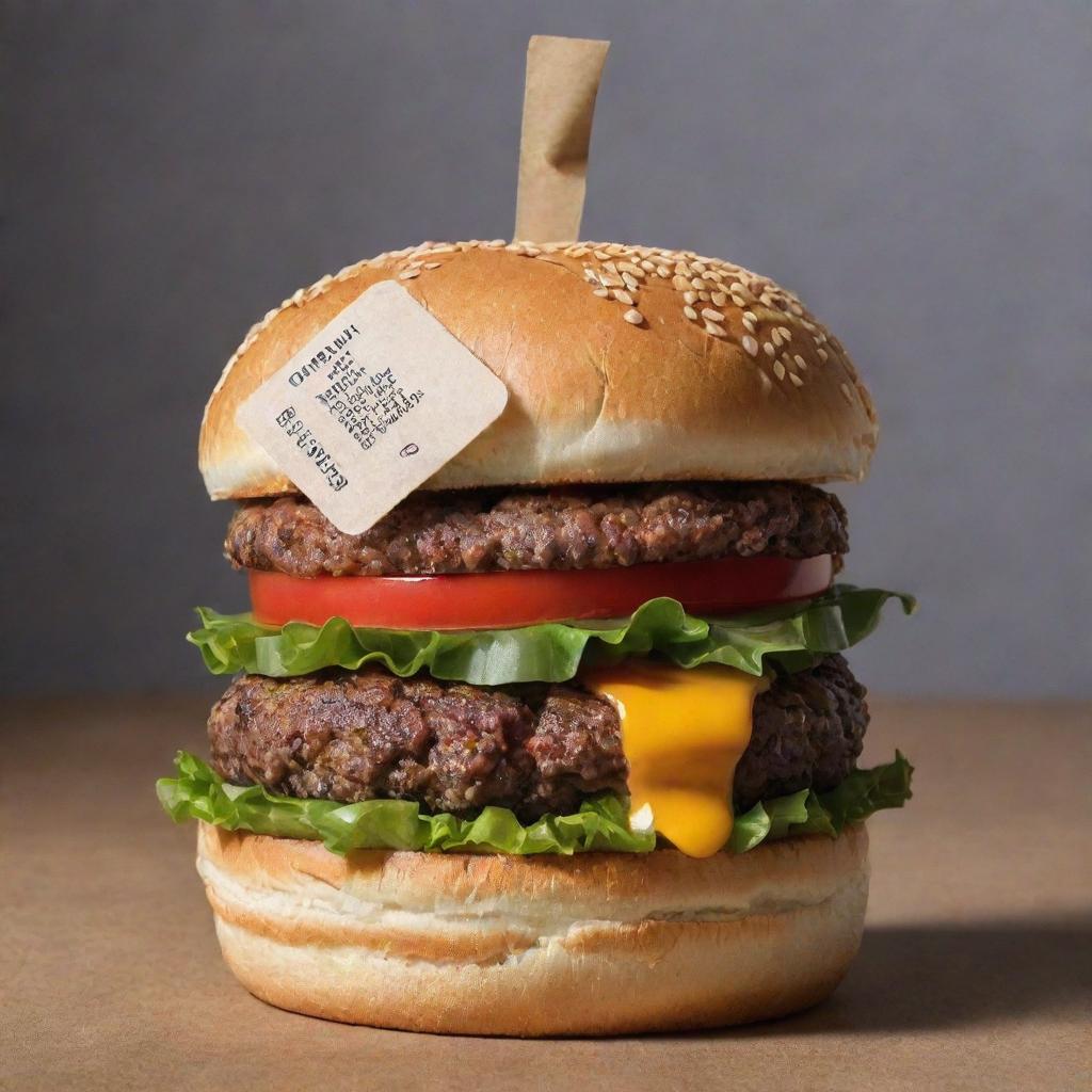 A creatively designed burger with a tag displaying a price of 5000