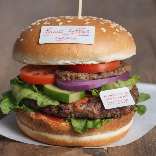 A creatively designed burger with a tag displaying a price of 5000