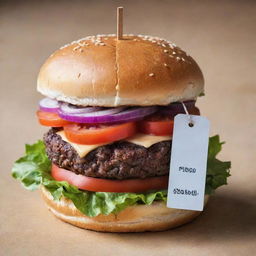 A creatively designed burger with a tag displaying a price of 5000