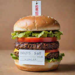 A creatively designed burger with a tag displaying a price of 5000