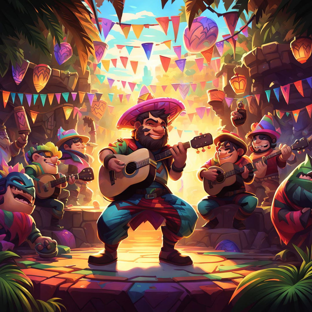 Digital art of League of Legends champions celebrating a fiesta on Summoner's Rift, with festive attire, transformed jungle camps, and decorated turrets.