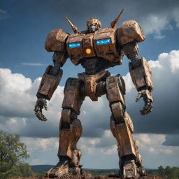 A colossal mech, designed with intricate detail, stands tall as the guardian of Earth, glowing with power under a dramatic sky.