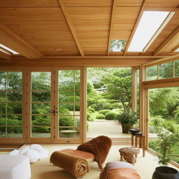 Serene conservatory featuring a minimalist Japandi interior with a balance of functionality, natural elements, and clean lines