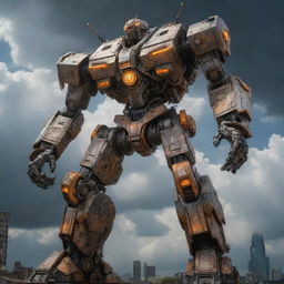 A colossal mech, designed with intricate detail, stands tall as the guardian of Earth, glowing with power under a dramatic sky.