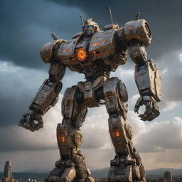 A colossal mech, designed with intricate detail, stands tall as the guardian of Earth, glowing with power under a dramatic sky.