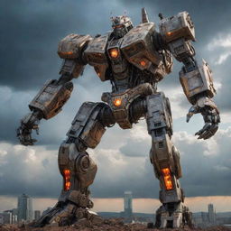 A colossal mech, designed with intricate detail, stands tall as the guardian of Earth, glowing with power under a dramatic sky.