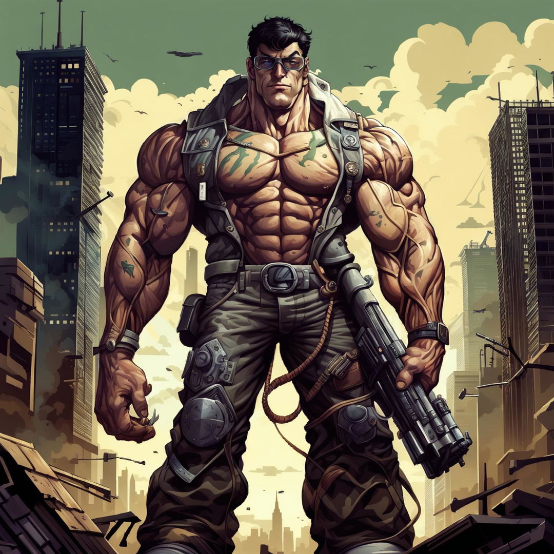 A typical geek transformed into a massive, muscular figure in military attire, holding a high-tech gadget in one hand and a weapon in the other, set against a backdrop of a futuristic cityscape and battlefield.