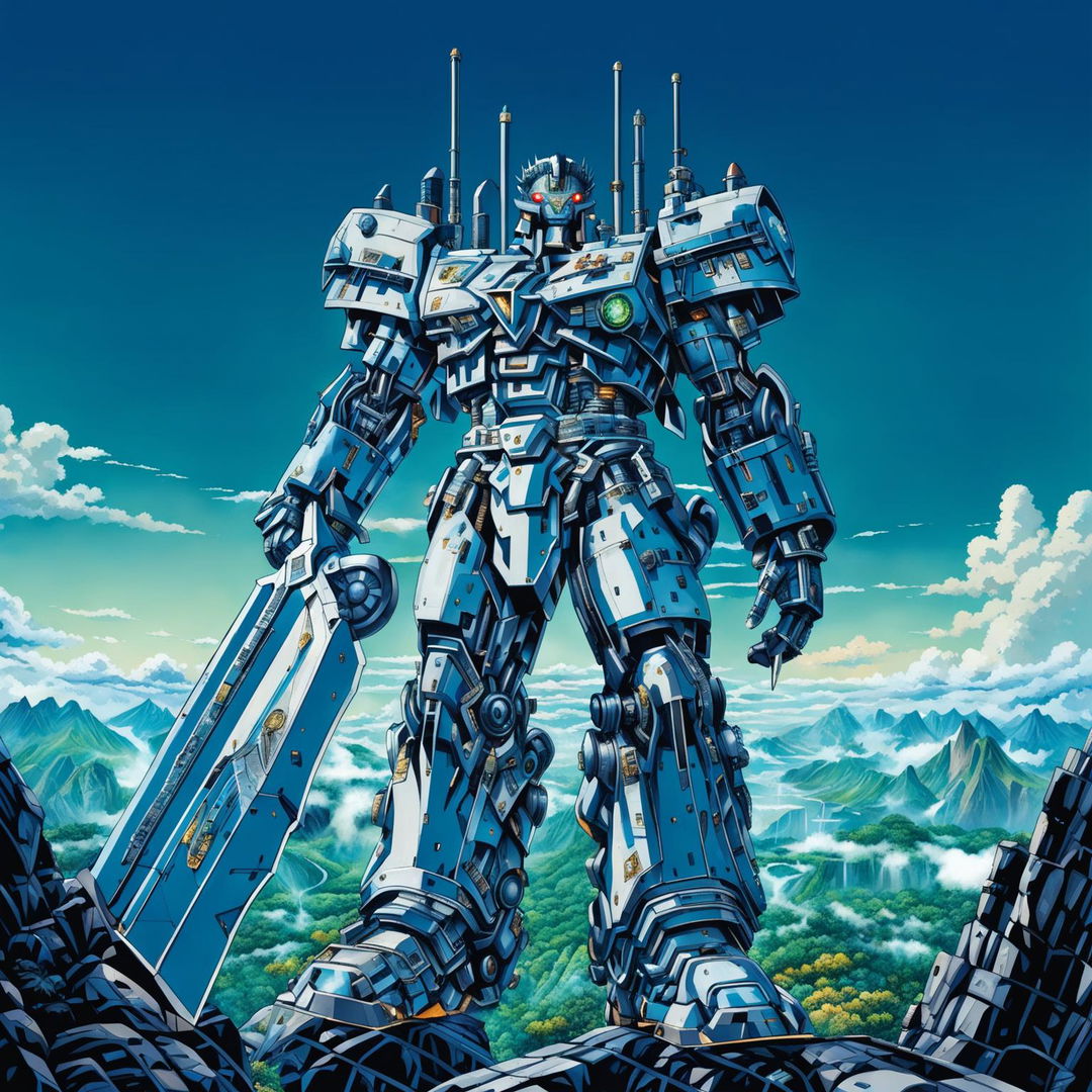 A colossal mecha stands as Earth's guardian in digital art. Constructed from futuristic alloys and ancient stones, it holds a glowing sword and a shield bearing Earth's image. It stands on a mountain peak against a backdrop of Earth from above at sunset.