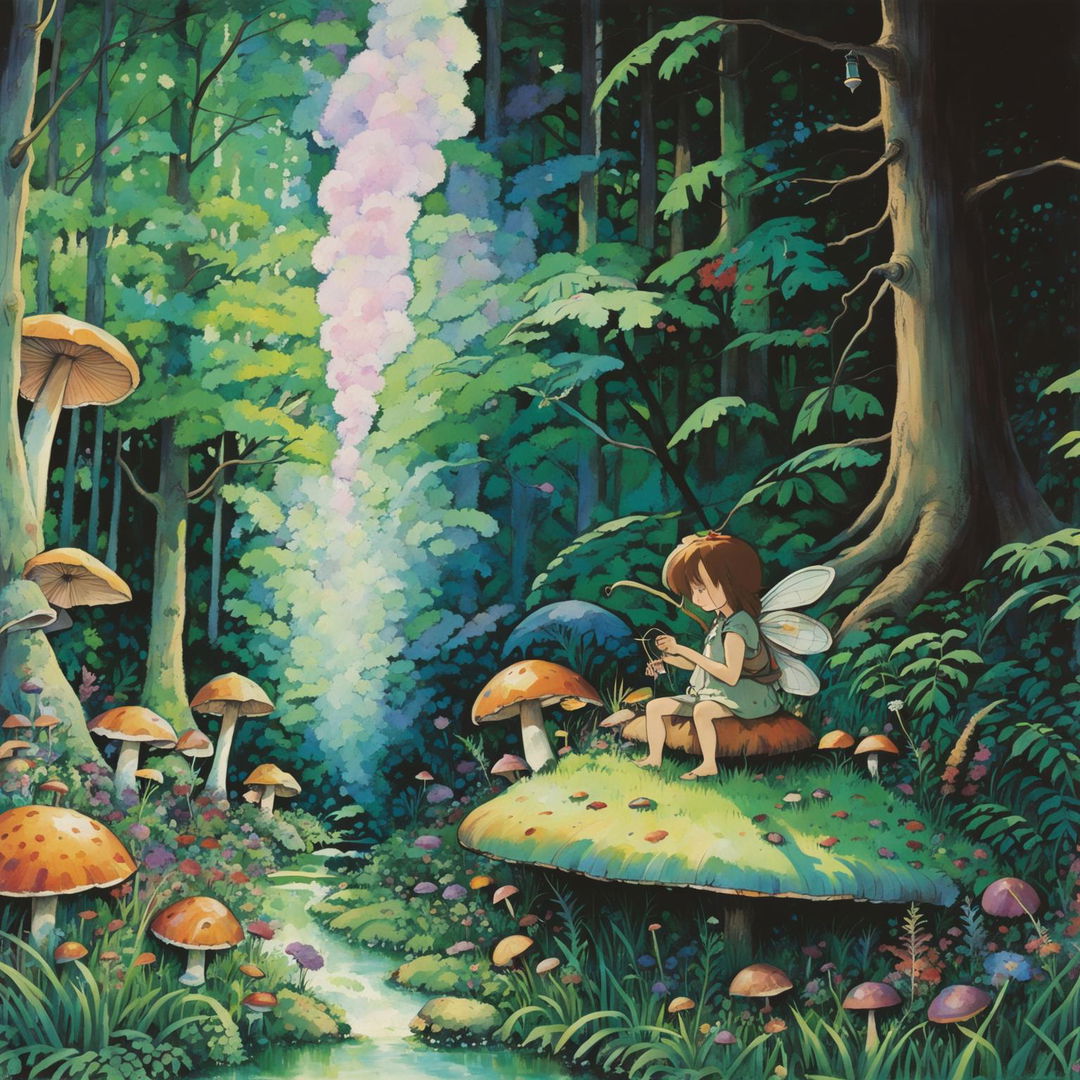 A Studio Ghibli-style image of a fairy smoking a pipe in an overgrown forest filled with wildflowers and mushrooms.