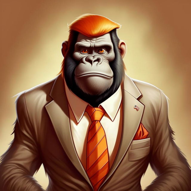 A cartoon-style, friendly-looking gorilla wearing a suit, tie, and hairstyle associated with Donald Trump. The setting should be non-political and light-hearted.