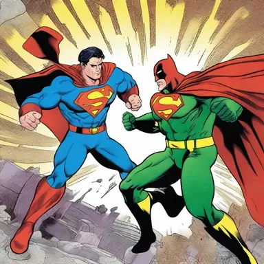 In the comic strip, the superhero and the villain collide in an epic battle, causing chaos and destruction in their wake.