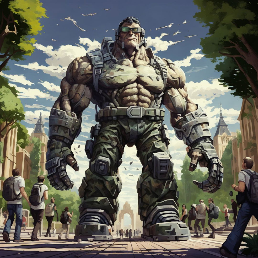 A transformed geek, now a muscular titan, casually walking down a bustling university campus with a high-tech gadget in hand.