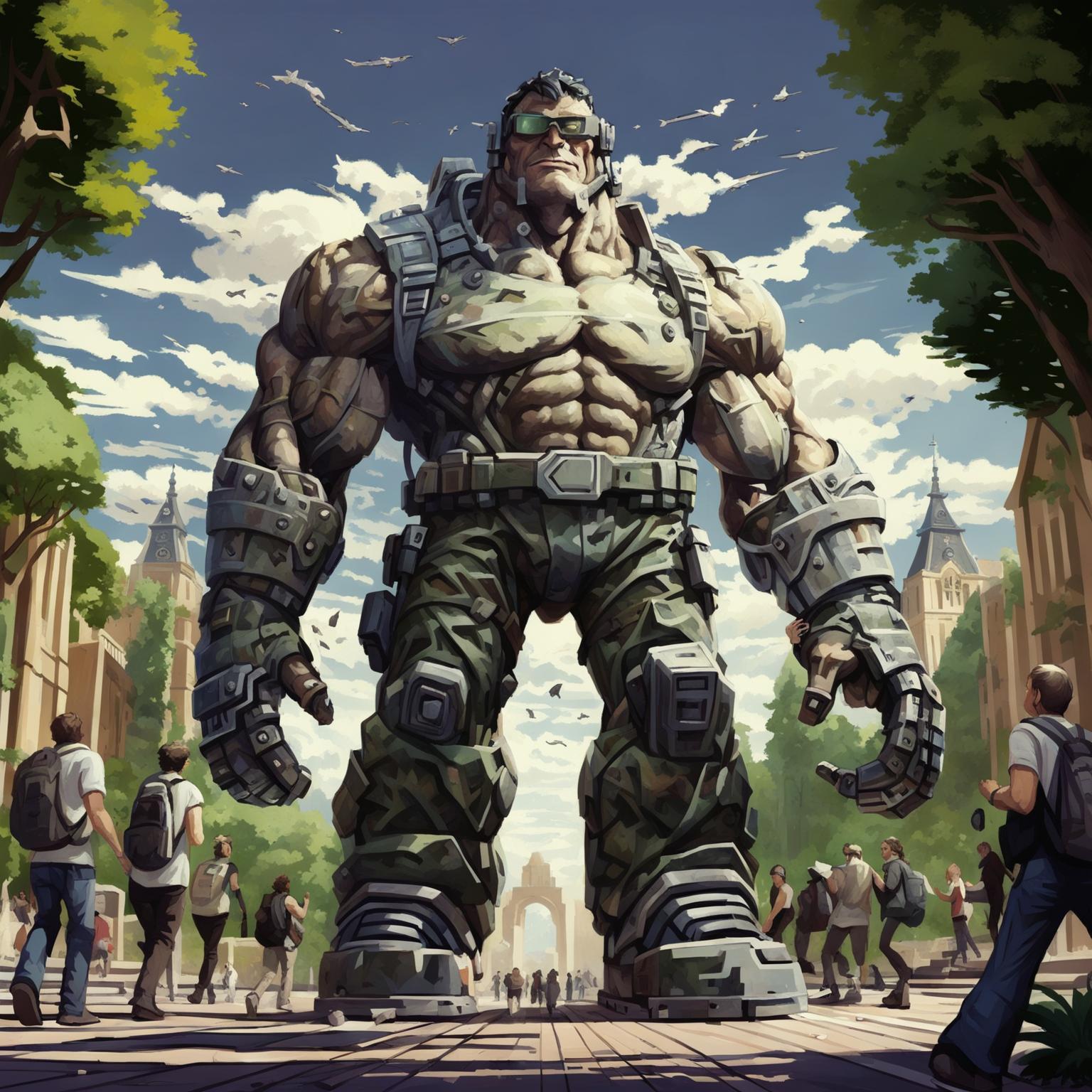 A transformed geek, now a muscular titan, casually walking down a bustling university campus with a high-tech gadget in hand.