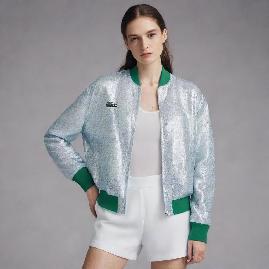 A full body image of a female model posing in the latest Lacoste campaign, where high fashion meets sportswear. The model is wearing a glittering, tulle jacket inspired by tennis, complete with stripe elements.