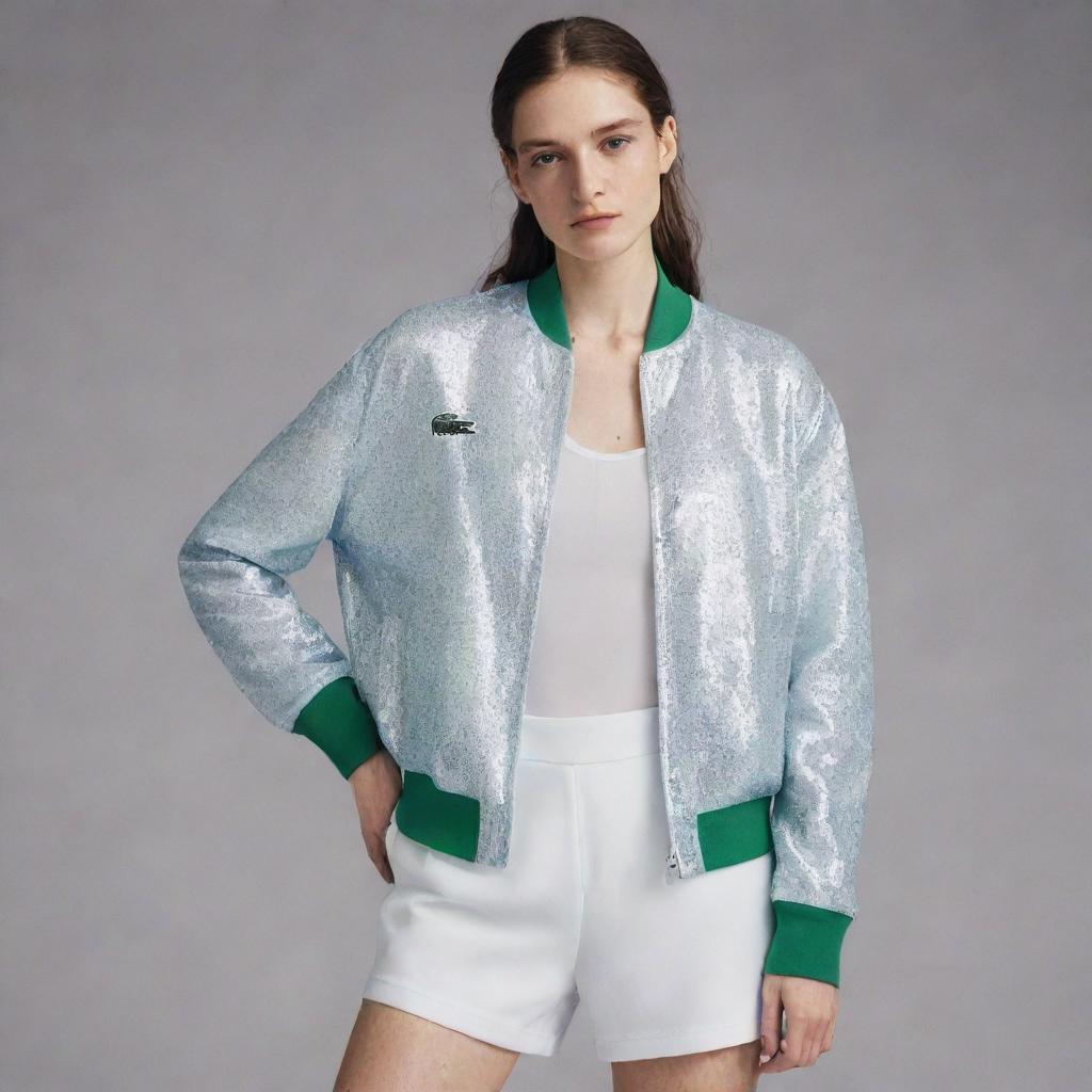 A full body image of a female model posing in the latest Lacoste campaign, where high fashion meets sportswear. The model is wearing a glittering, tulle jacket inspired by tennis, complete with stripe elements.