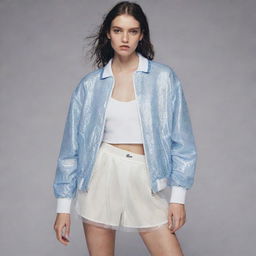 A full body image of a female model posing in the latest Lacoste campaign, where high fashion meets sportswear. The model is wearing a glittering, tulle jacket inspired by tennis, complete with stripe elements.