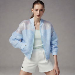 A full body image of a female model posing in the latest Lacoste campaign, where high fashion meets sportswear. The model is wearing a glittering, tulle jacket inspired by tennis, complete with stripe elements.