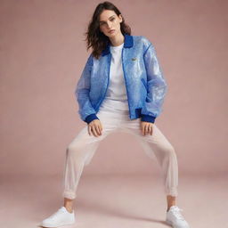 A full body image of a female model posing in the latest Lacoste campaign, where high fashion meets sportswear. The model is wearing a glittering, tulle jacket inspired by tennis, complete with stripe elements.