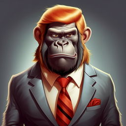 A cartoon-style, friendly-looking gorilla wearing a suit, tie, and hairstyle associated with Donald Trump. The setting should be non-political and light-hearted.