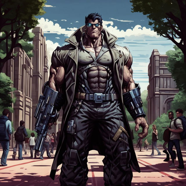 A muscular titan, once a geek, strolling through a university campus in a trench coat, with a high-tech gadget and a mecha gun.