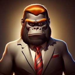 A cartoon-style, friendly-looking gorilla wearing a suit, tie, and hairstyle associated with Donald Trump. The setting should be non-political and light-hearted.