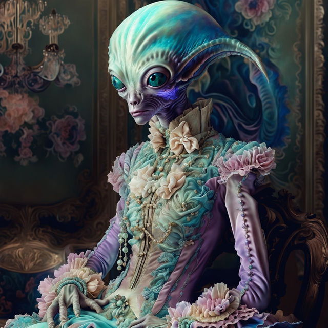 A hyper-realistic digital painting of an iridescent blue-purple alien dressed in extravagant Rococo attire within a lavish Rococo interior.