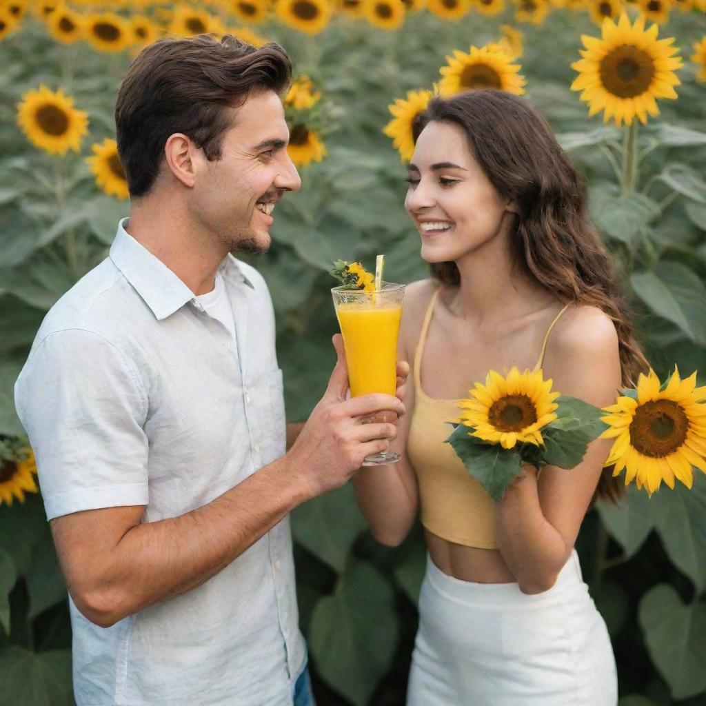 A romantic scene of a man presenting a vibrant yellow drink to his girlfriend, while holding a beautiful bouquet of sunflowers in his other hand.