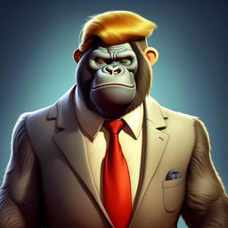 A cartoon-style, friendly-looking gorilla wearing a suit, tie, and hairstyle associated with Donald Trump. The setting should be non-political and light-hearted.