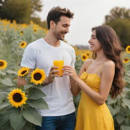 A romantic scene of a man presenting a vibrant yellow drink to his girlfriend, while holding a beautiful bouquet of sunflowers in his other hand.