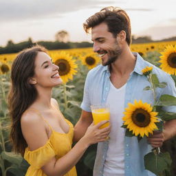 A romantic scene of a man presenting a vibrant yellow drink to his girlfriend, while holding a beautiful bouquet of sunflowers in his other hand.