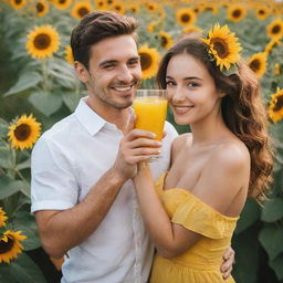 A romantic scene of a man presenting a vibrant yellow drink to his girlfriend, while holding a beautiful bouquet of sunflowers in his other hand.