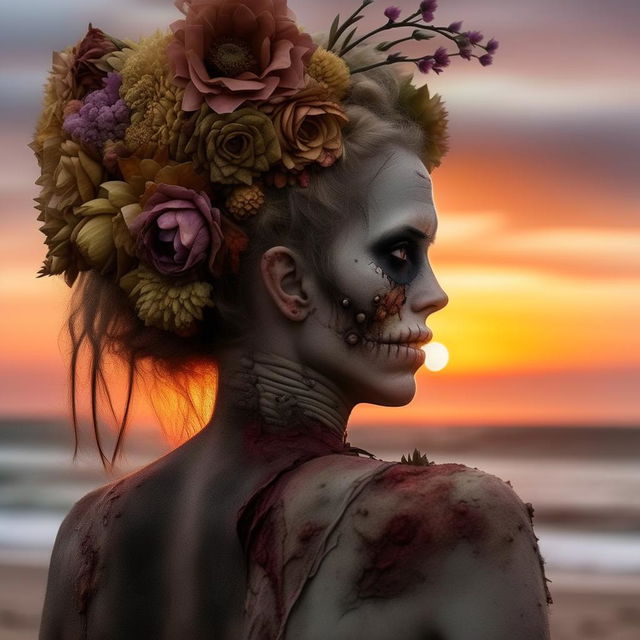 A hyper-realistic back view of a zombie, wearing a flower headpiece, gazing at a breathtaking sunset on a peaceful beach.