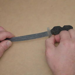 Image of a knife removing the insulation from half of a wire's length, specifically near the free ends. The process is performed on the same side at each end, akin to the depiction in figure 18.