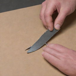 Image of a knife removing the insulation from half of a wire's length, specifically near the free ends. The process is performed on the same side at each end, akin to the depiction in figure 18.