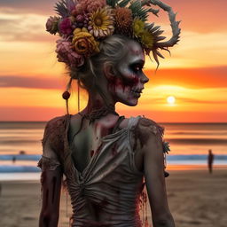 A hyper-realistic back view of a zombie, wearing a flower headpiece, gazing at a breathtaking sunset on a peaceful beach.