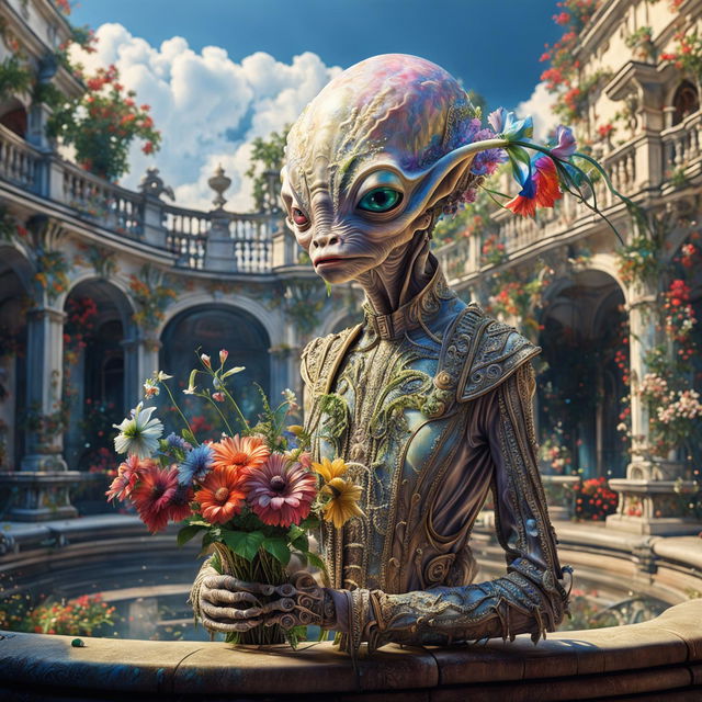 A hyper-realistic digital painting of an iridescent alien in Rococo attire smelling a bouquet of vibrant flowers in an ornate Rococo courtyard.