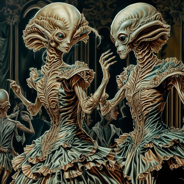 Hyper-realistic digital art of aliens in Rococo attire dancing in an ornate ballroom.