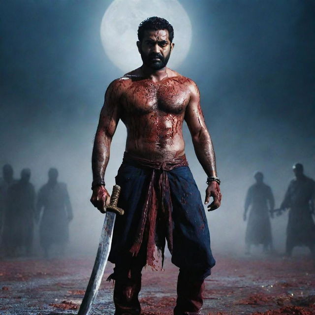 A grim dark battlefield scene featuring Indian actor Jr NTR as an overpowering force. His body, covered in blood, wields a massive katana, expressing deadly seriousness. Defeated enemies litter the floor, creating a gruesome bloodbath. A dark blue sky crackles with thunder and a large moon illuminates the intensity.