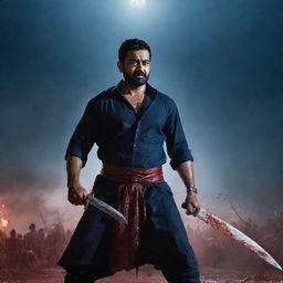 A grim dark battlefield scene featuring Indian actor Jr NTR as an overpowering force. His body, covered in blood, wields a massive katana, expressing deadly seriousness. Defeated enemies litter the floor, creating a gruesome bloodbath. A dark blue sky crackles with thunder and a large moon illuminates the intensity.