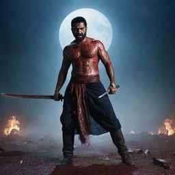 A grim dark battlefield scene featuring Indian actor Jr NTR as an overpowering force. His body, covered in blood, wields a massive katana, expressing deadly seriousness. Defeated enemies litter the floor, creating a gruesome bloodbath. A dark blue sky crackles with thunder and a large moon illuminates the intensity.