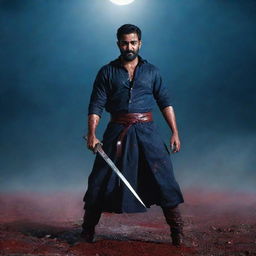 A grim dark battlefield scene featuring Indian actor Jr NTR as an overpowering force. His body, covered in blood, wields a massive katana, expressing deadly seriousness. Defeated enemies litter the floor, creating a gruesome bloodbath. A dark blue sky crackles with thunder and a large moon illuminates the intensity.