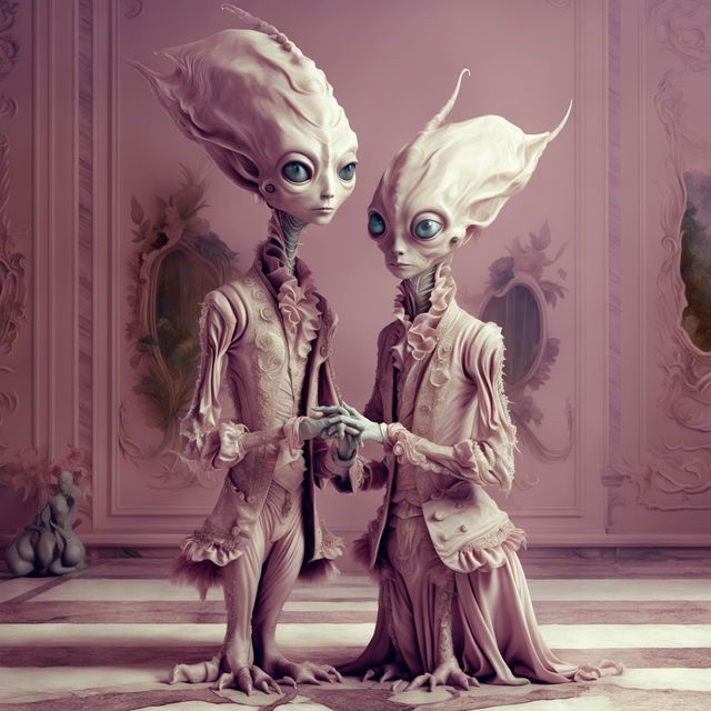 Hyper-realistic digital art of two Rococo-styled aliens in love in a grand hall bathed in soft pink light.