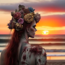 A hyper-realistic back view of a zombie, wearing a flower headpiece, gazing at a breathtaking sunset on a peaceful beach.