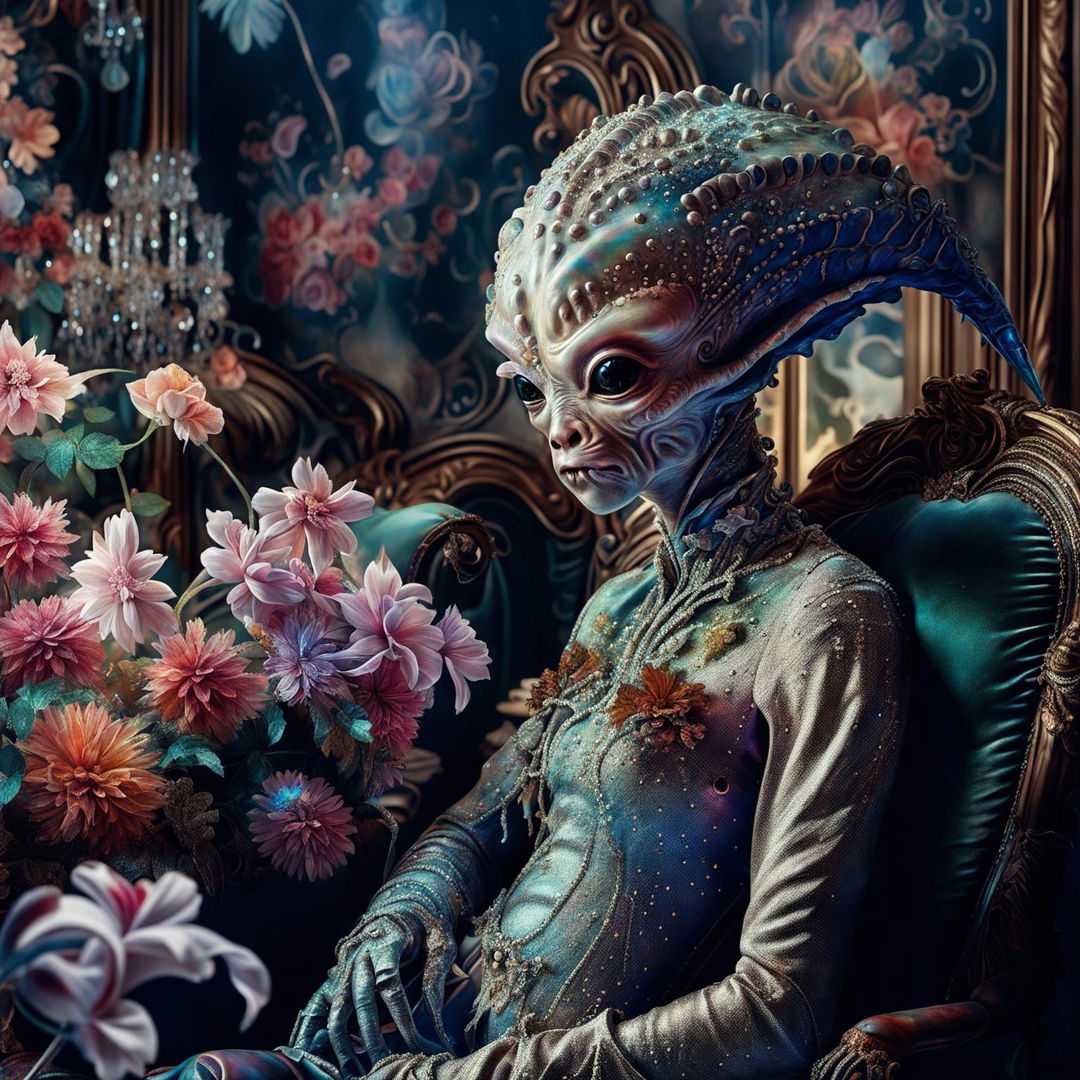 A hyper-realistic digital art piece featuring an iridescent alien dressed in rococo fashion amidst a grand salon adorned with flowers.