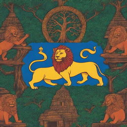 A detailed and vibrant cover showcasing various Sri Lankan national emblems, including the lion flag, Sigiriya rock fortress, and the sacred Sri Maha Bodhi tree.