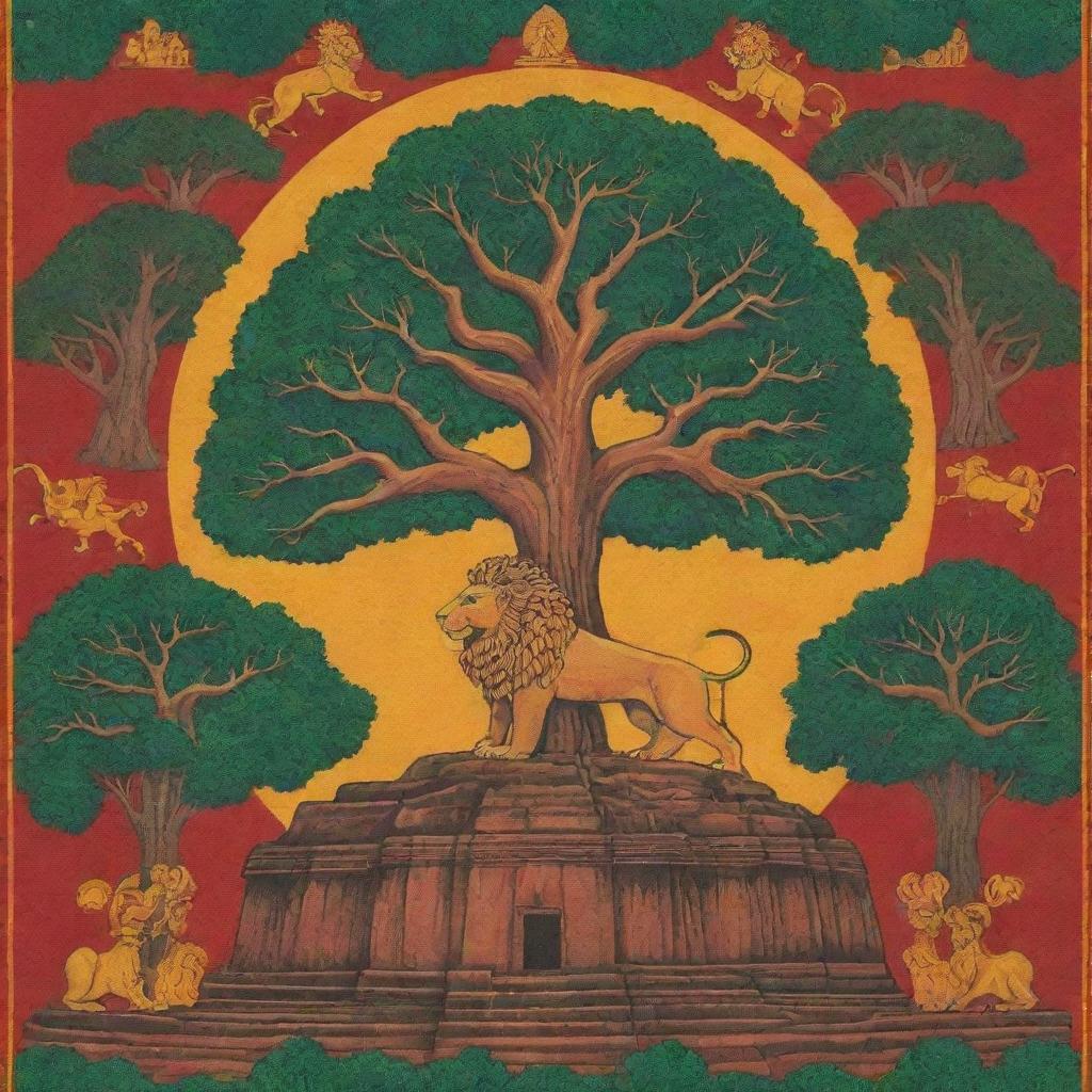 A detailed and vibrant cover showcasing various Sri Lankan national emblems, including the lion flag, Sigiriya rock fortress, and the sacred Sri Maha Bodhi tree.