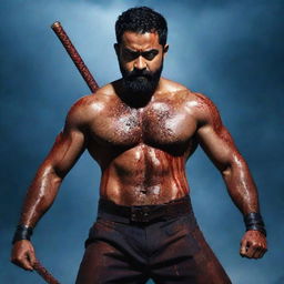 An ultra-defined eight pack, muscular Indian actor Jr NTR, with a serious look and full beard, body covered in blood, wielding two big katanas. Ground covered in fallen enemies and a bloodbath under a dark blue sky full of thunder and lightning, lit by a large moon.