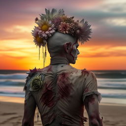 A hyper-realistic back view of a zombie, wearing a flower headpiece, gazing at a breathtaking sunset on a peaceful beach.