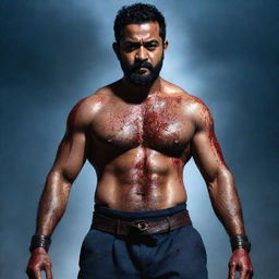 An ultra-defined eight pack, muscular Indian actor Jr NTR, with a serious look and full beard, body covered in blood, wielding two big katanas. Ground covered in fallen enemies and a bloodbath under a dark blue sky full of thunder and lightning, lit by a large moon.