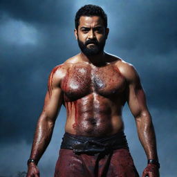 An ultra-defined eight pack, muscular Indian actor Jr NTR, with a serious look and full beard, body covered in blood, wielding two big katanas. Ground covered in fallen enemies and a bloodbath under a dark blue sky full of thunder and lightning, lit by a large moon.